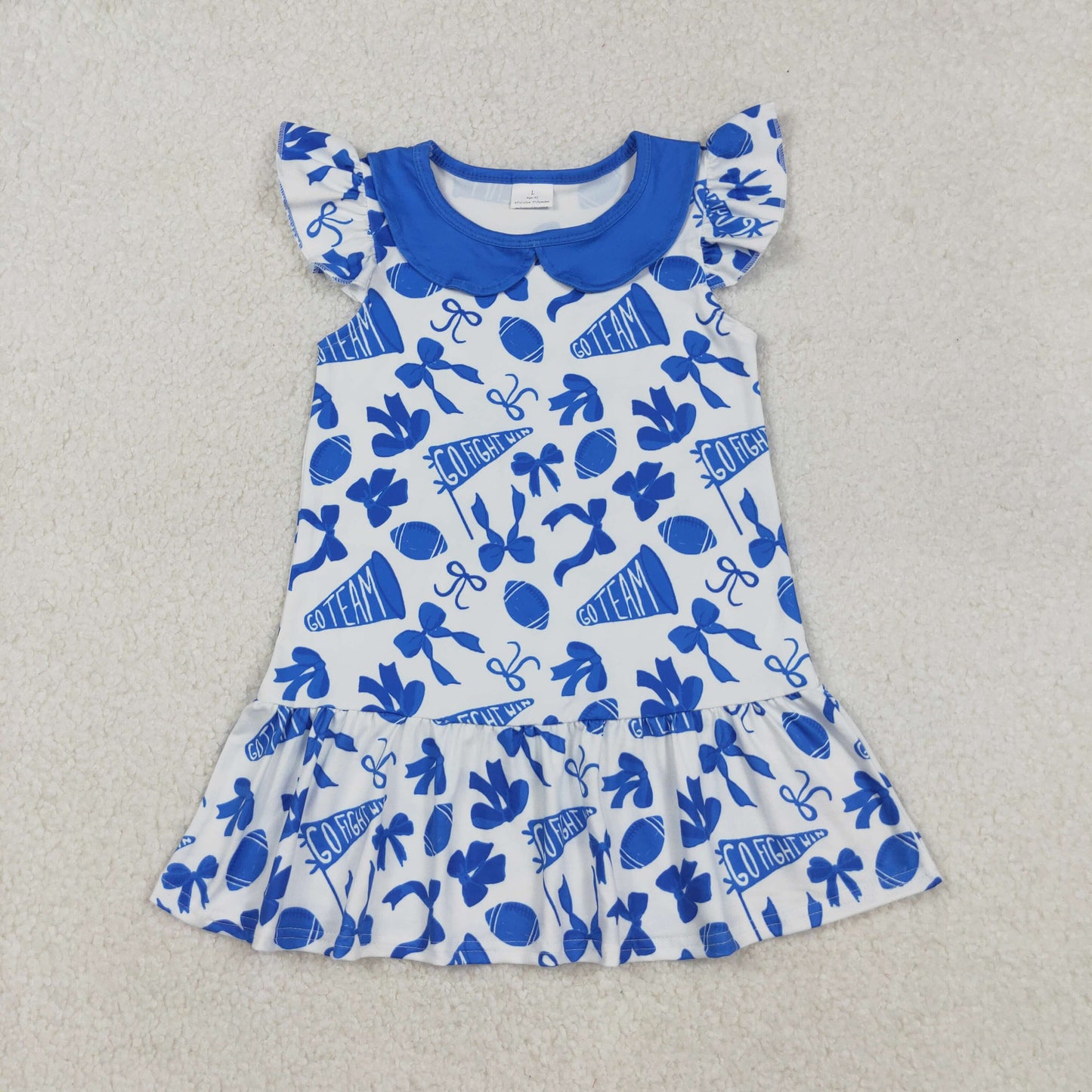 RTS NO MOQ（In Stock) GSD2782 Blue dress with football flared bow pattern and baby doll collar and flying sleeves