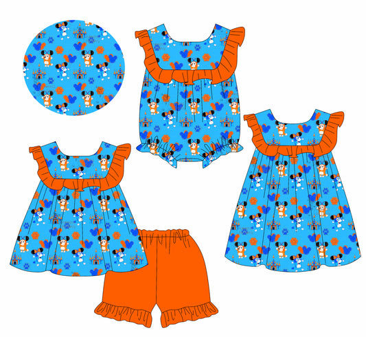 2.14 custom each style moq 5eta 4-6week Sibling Sisters mickey cartoon dog baby girl short sleeve shorts sets and dress and rompers match family design