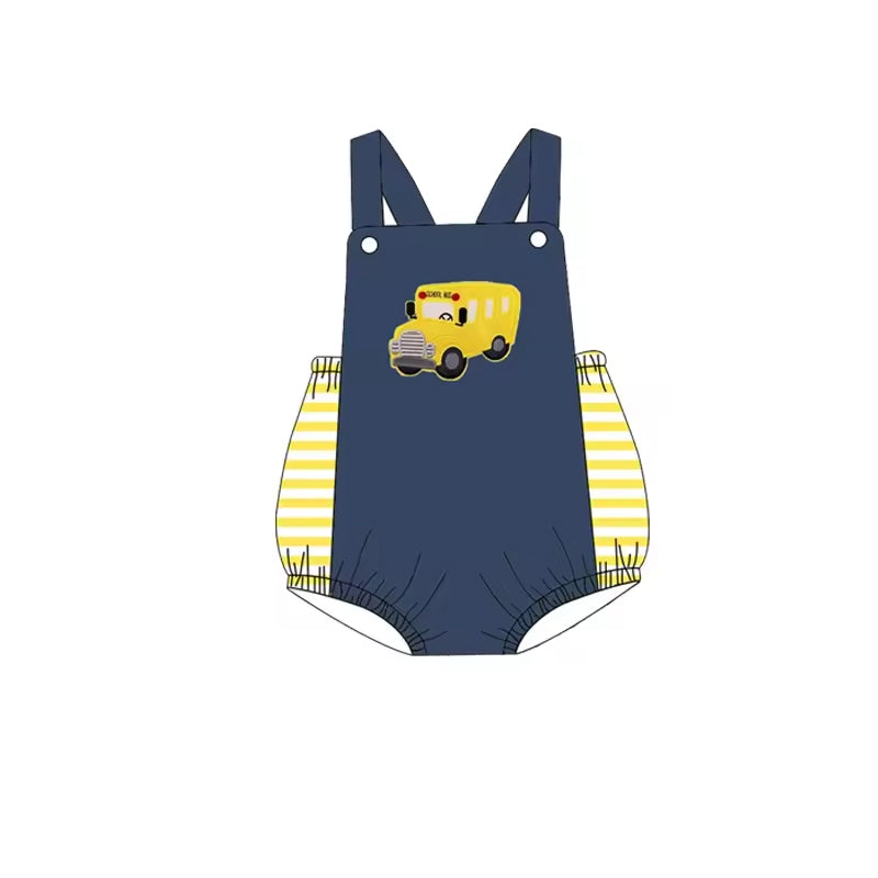 5.15custom each style moq 5eta 4-5week Sibling Sister Campus style school bus print blue with yellow stripes or yellow polka dots girls and boys outfits and baby romper and dress match family design