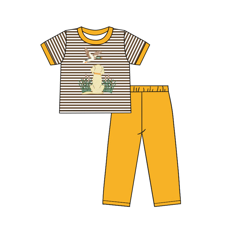 5.1(1)custom each style moq 5eta 4-5week dog and duck prints Brown-white stripes Khaki boys outfits set and baby romper