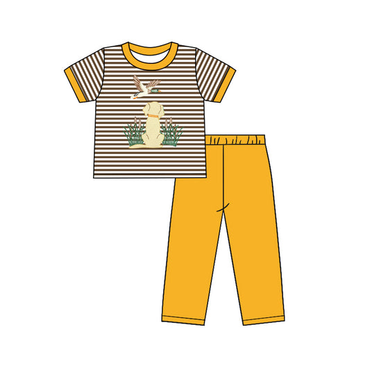 5.1(1)custom each style moq 5eta 4-5week dog and duck prints Brown-white stripes Khaki boys outfits set and baby romper