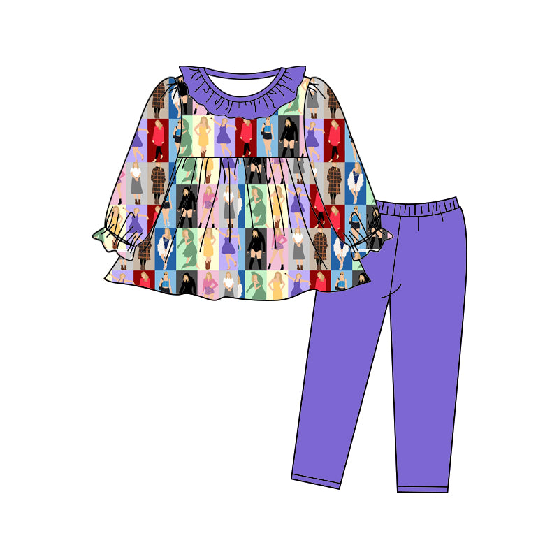 4.27custom moq 5 eta 4-5weeks characters prints purple long cuffs dress with purple long pants set