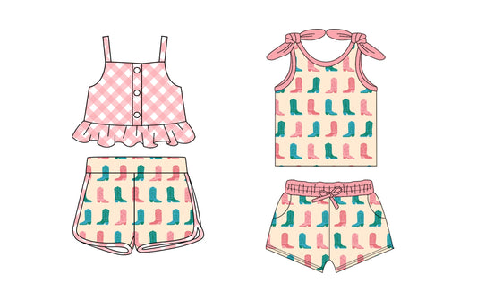 2.8 custom each style moq 5eta 4-6week Sibling Sister boots baby girls short sleeve shorts sets and set 2 match design