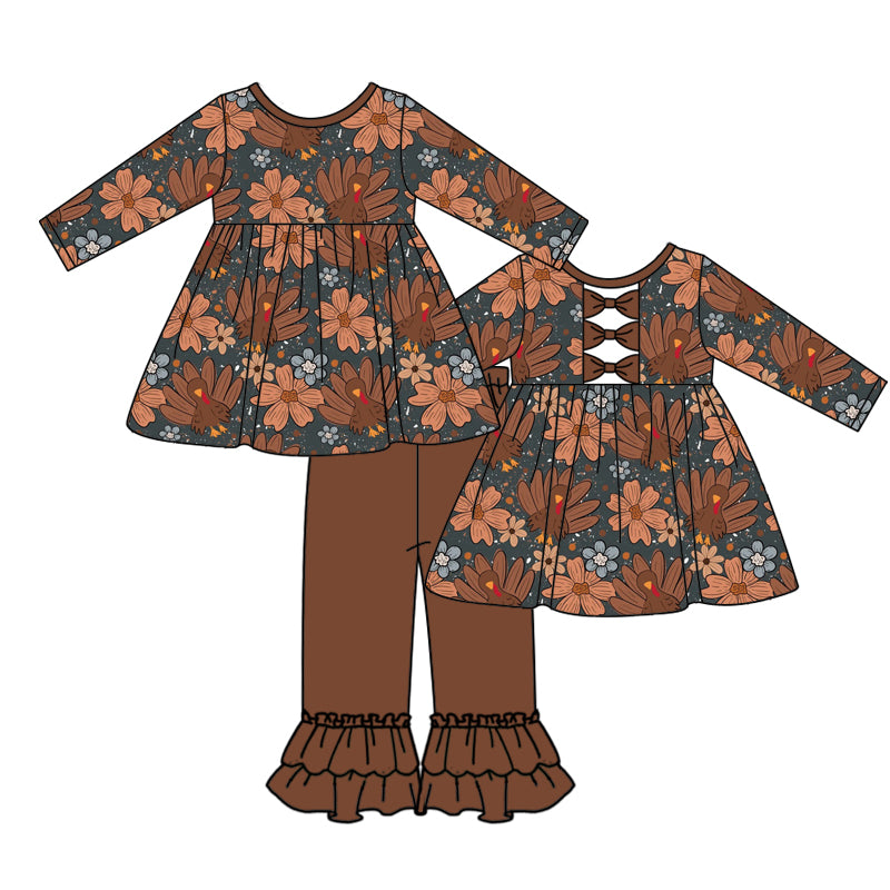 5.14custom each style moq 5eta 4-5week Sibling Sister Smiley brown turkey print blue girls outfits and dress match family design