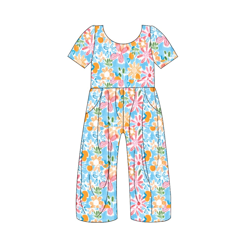 5.1custom each style moq 5eta 4-5week Hawaii style flower prints blue jumpsuits