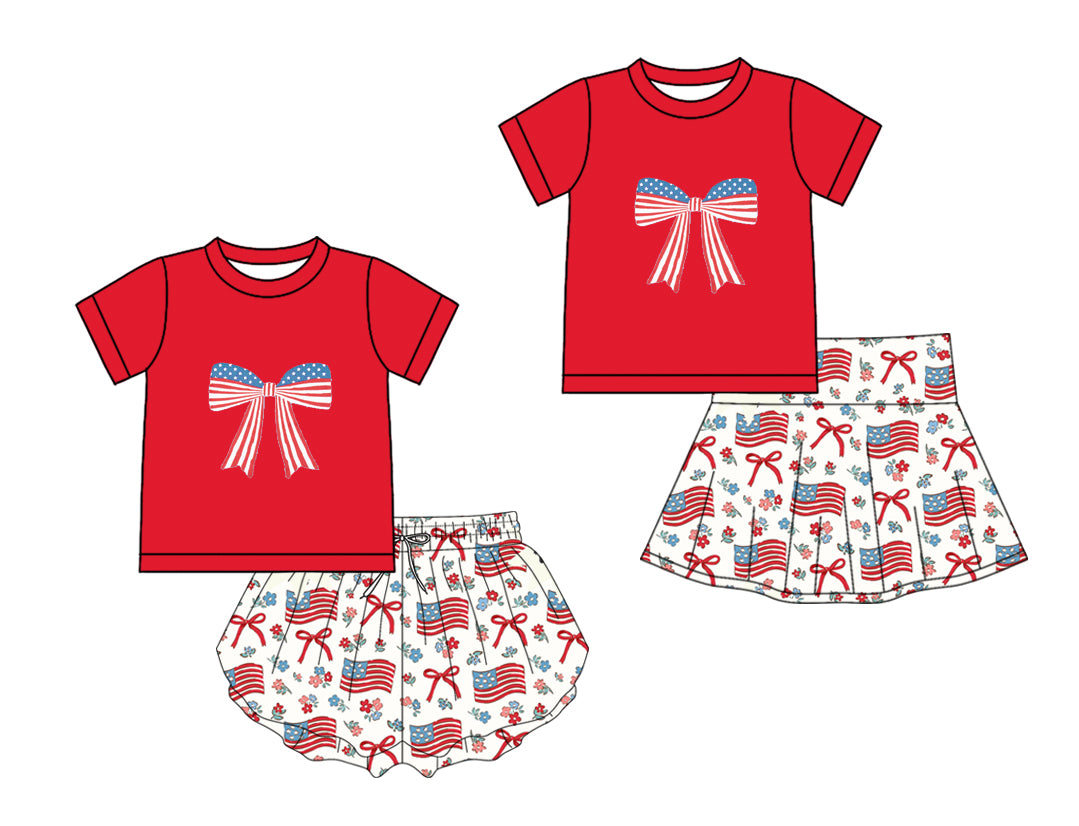 25.11.26 custom each style moq 5 eta 6-8week Sibling Sisters flag bow floral baby girl clothes short sleeve shorts sets 2 match family design