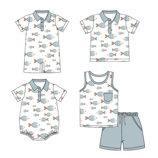 25.12.2 custom each style moq 5 eta 6-8 week Sibling Sister fishing baby boy short sleeve shorts sets and boy rompers 2 and top  match family design