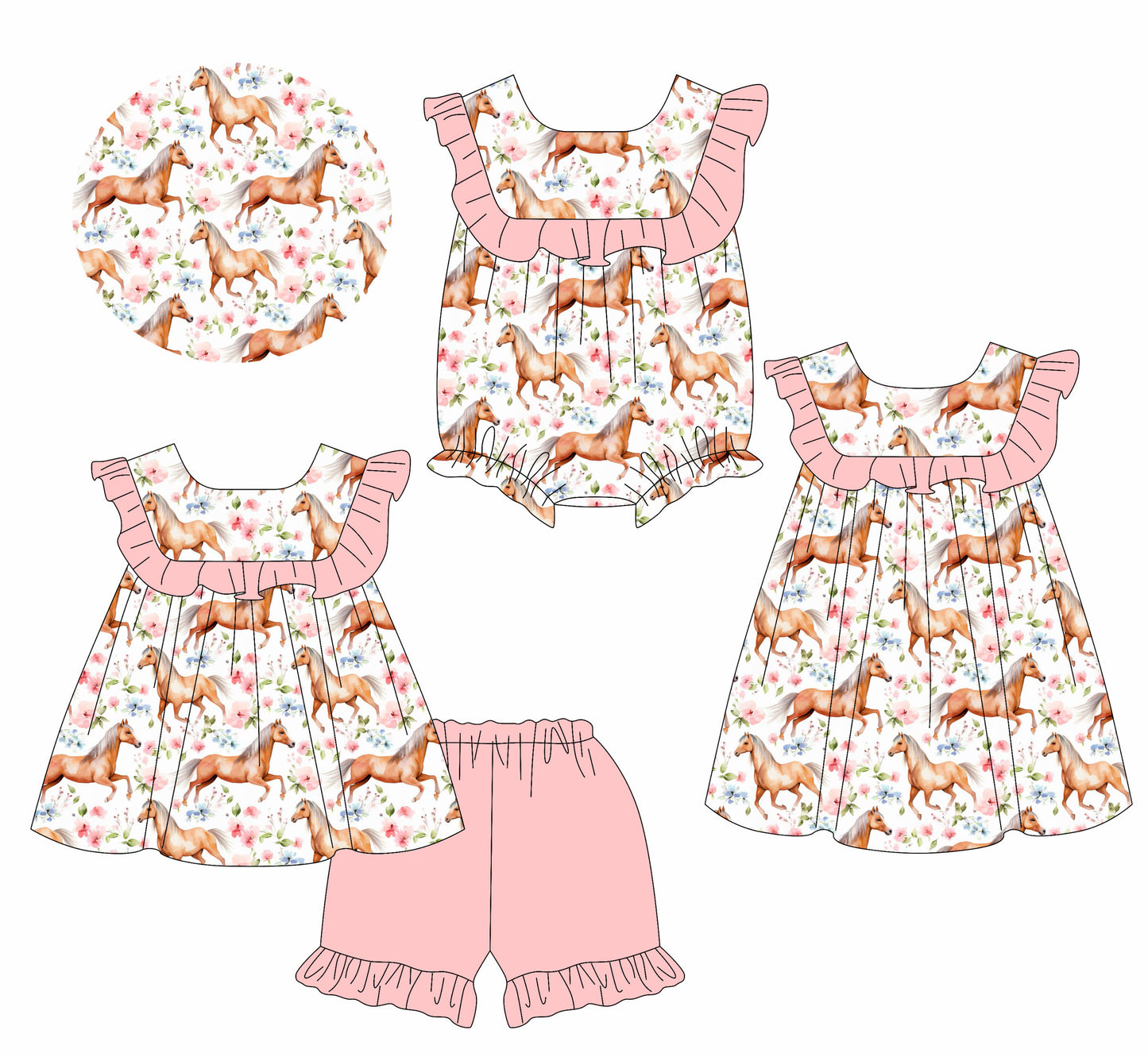 1.17 custom each style moq 5eta 4-6week Sibling Sisters horse floral baby girl short sleeve shorts sets and dress and rompers match family design