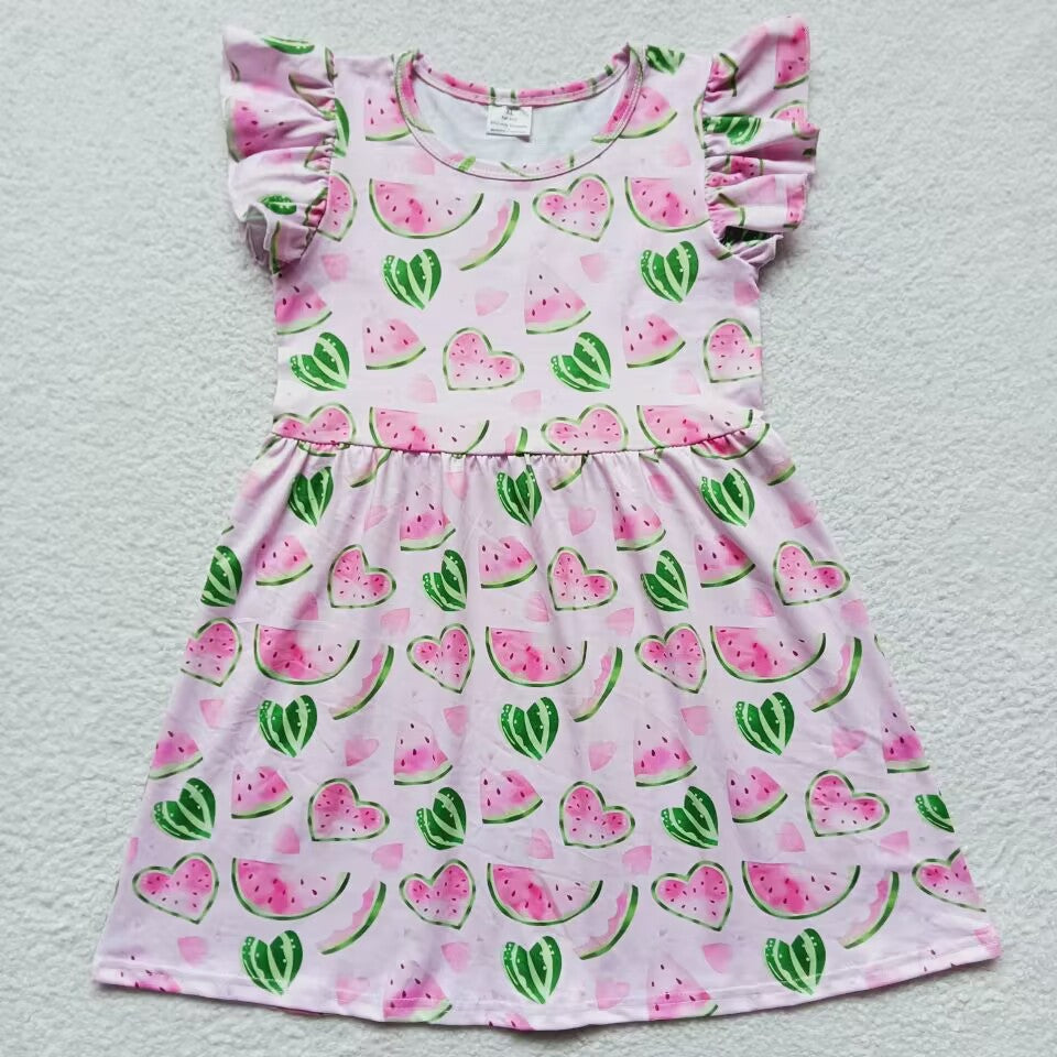 RTS SALES NO MOQ G1-11-6['. Watermelon love pink flying sleeve skirt 西瓜爱心粉色飞袖裙