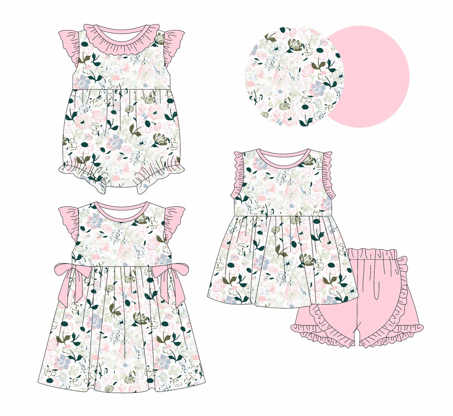 1.2 custom each style moq 5eta 4-6week Sibling Sistes floral baby girl short sleeve shorts sets and dress and rompers match family design