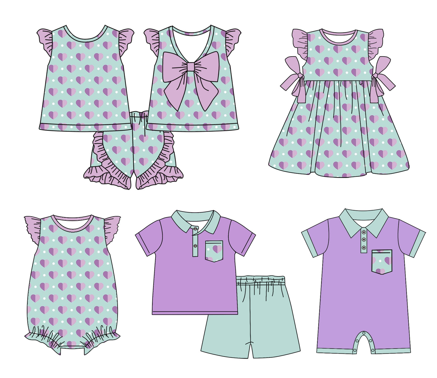 1.23 custom each style moq 5eta 4-6week Sibling Sister love baby girl short sleeve shorts sets and sets 2 and boy romper and girl romper and dress match design