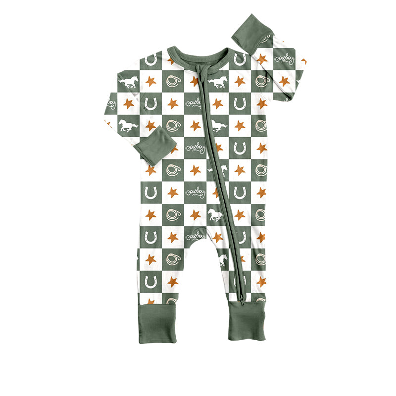 5.12custom each style moq 5eta 4-5week Sibling Sister Horseshoe racing star print green and white plaid print boys set and baby romper match family design