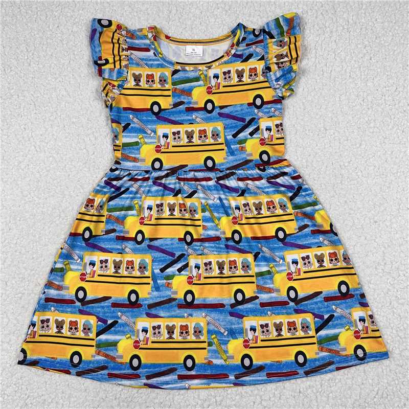 Yellow school bus blue flying sleeve dress 黄色校车蓝色飞袖裙