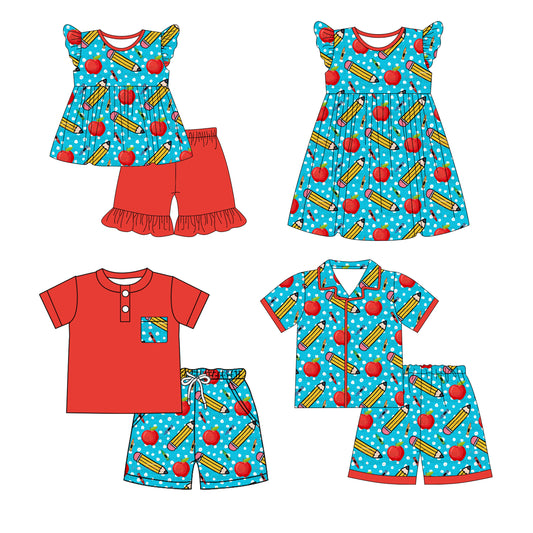 1.3 custom each style moq 5eta 4-6week Sibling Sister pencil apple baby boy short sleeve shorts sets 1 and sets 2 and set 3 and dress match design