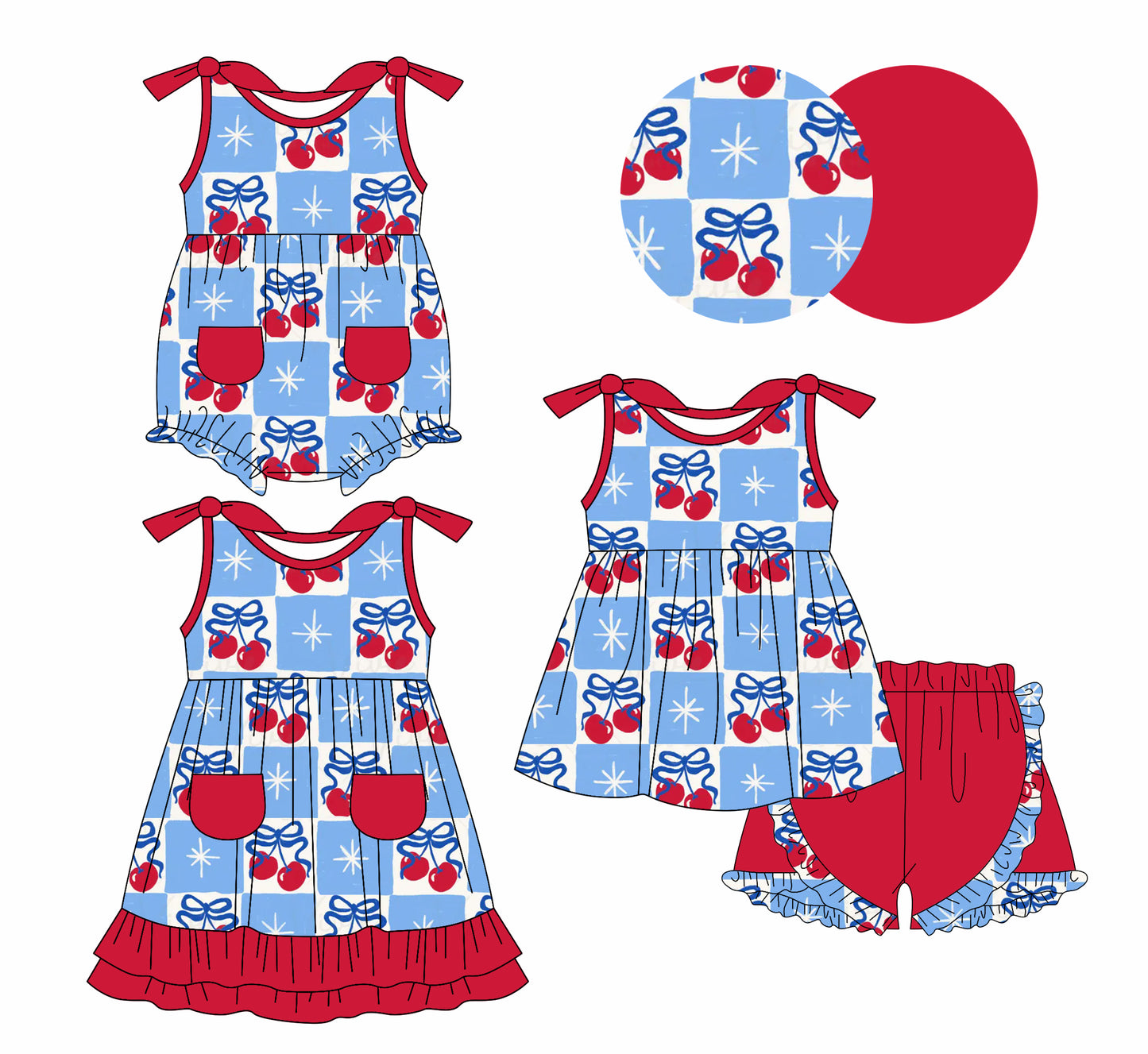 1.6 custom each style moq 5eta 4-6week Sibling Sister cherry bow baby girl short sleeve shorts sets and dress and rompers match family design