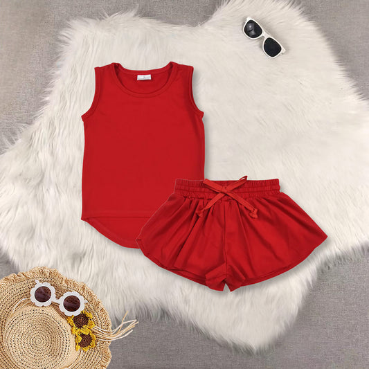 RTS NO MOQ Sibling baby girls clothes yoga Pure red sleeveless short sets and Top and shorts