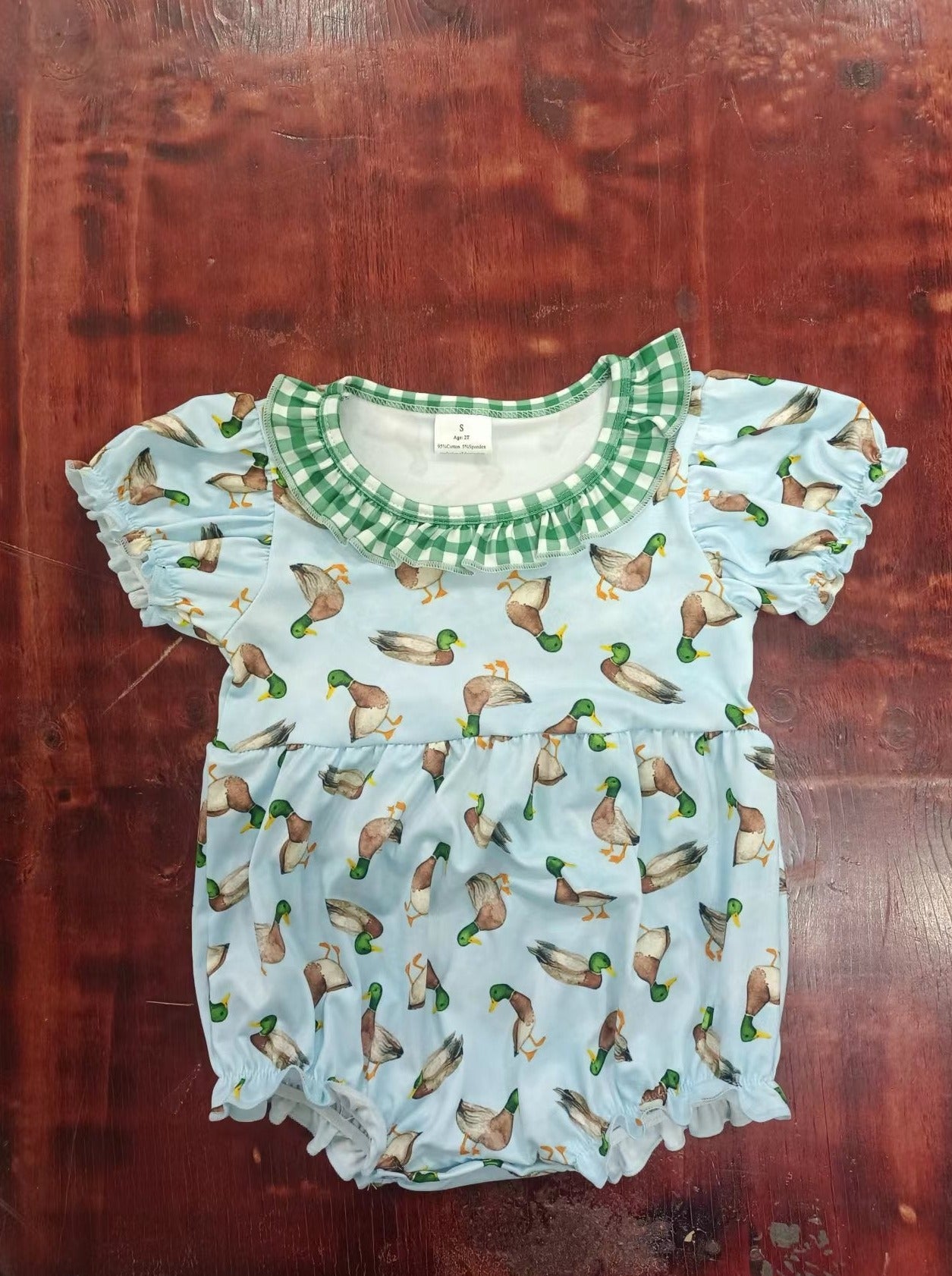 custom moq 5 eta 5weeks mix size baby girls clothes ducks green short sleeve romper