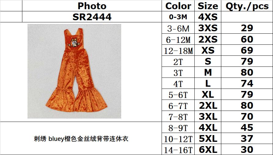 RTS NO MOQ ETA 5/7days Arrived SR2444 Embroidered bluey orange gold velvet suspender jumpsuit