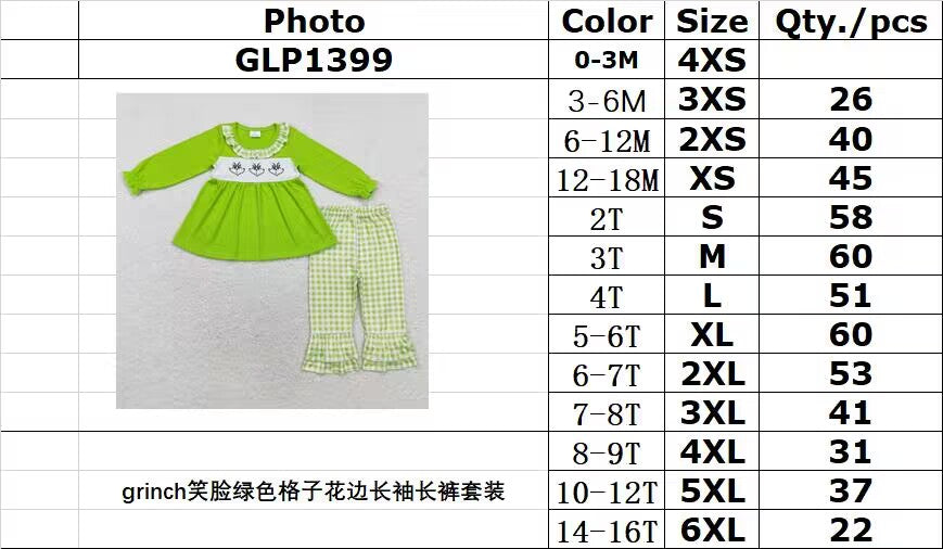 rts no moq GLP1399 Grinch smiley face green plaid lace long-sleeved trousers set