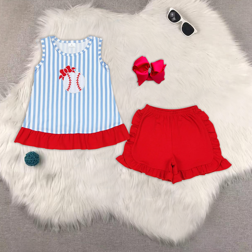 RTS NO MOQ baby girl clothes embroidery baseball short-sleeved shorts sets and romper