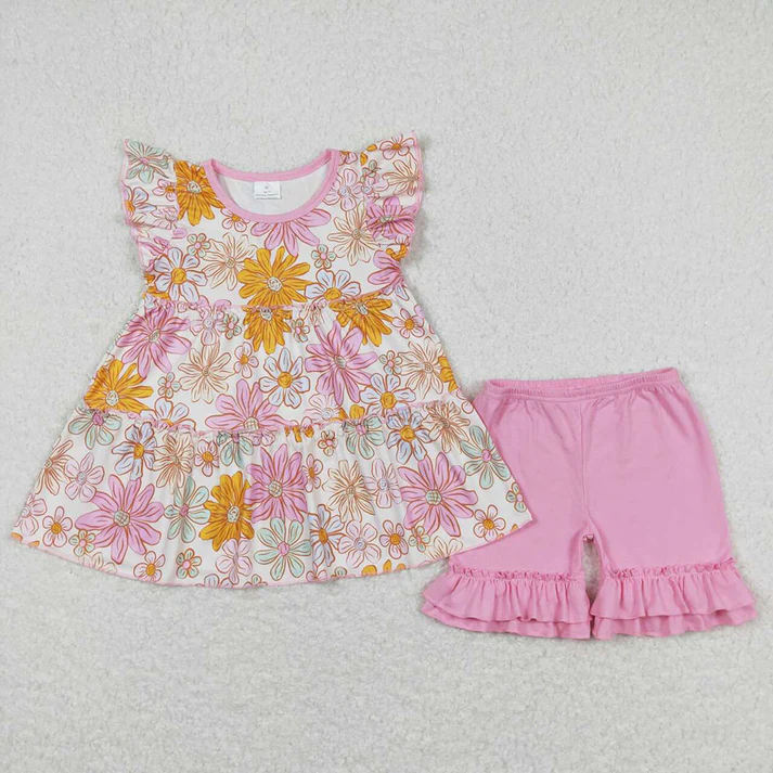 RTS NO MOQ Baby Girls Colorful Floral Pattern Fly Sleeve Top Lace-up Shorts Set