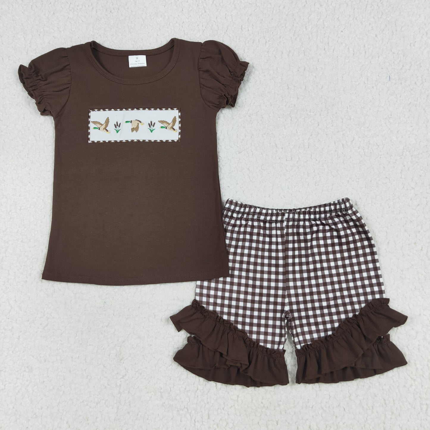 RTS NO MOQ（In Stock) GSSO2672 Embroidered duck brown short sleeve lace plaid shorts set