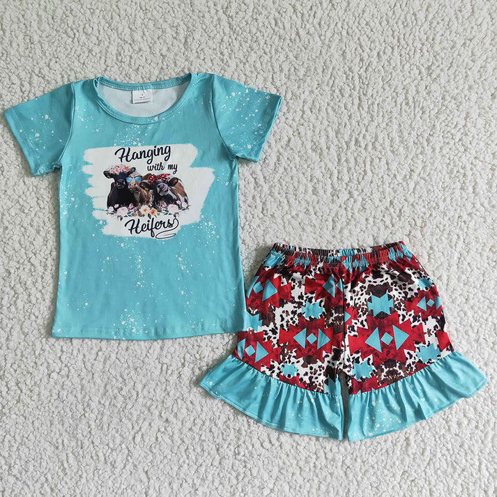 RTS NO MOQ baby girls western cow head short sleeve shorts Sets