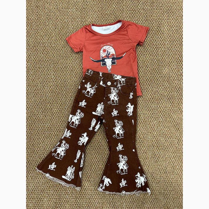 RTS NO MOQ GT0106+P0076 Girls' Bullhead Cactus Brown Short Sleeve Top Riding Brown Denim Pants sets