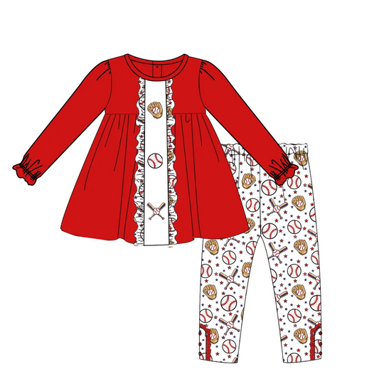 Custom moq 3 eta 7/8week moq 5 eta /4/5week Red Ruffled Top & White Baseball Tool Pants Set