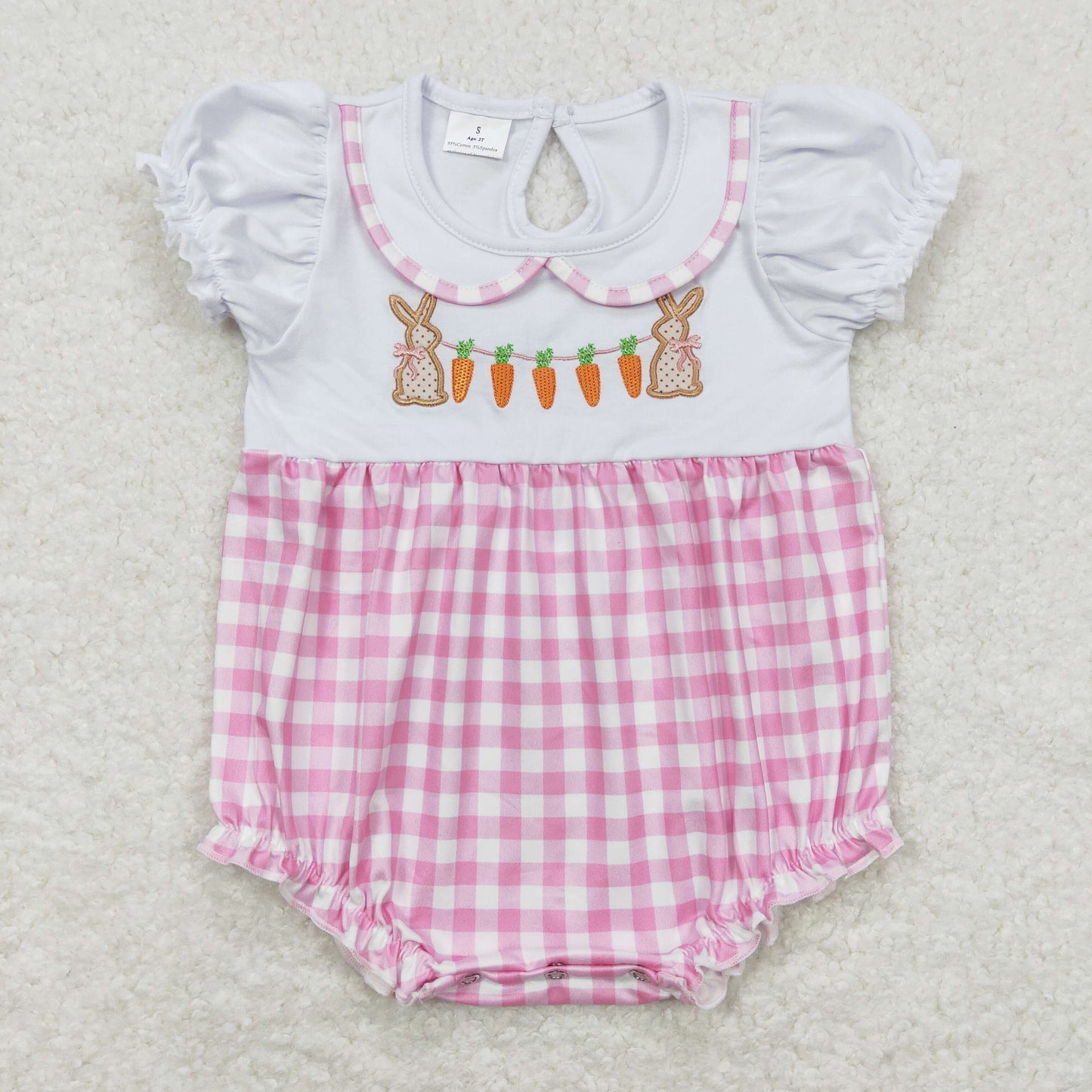 SR0722 Embroidery Rabbit Carrot Pink White Plaid Short Sleeve romper