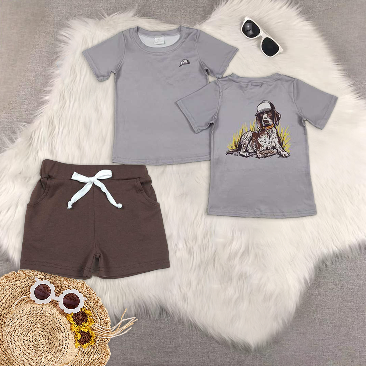 RTS NO MOQ BT1149+SS0134 baby boy clothes short-sleeved top Brown pocket shorts sets