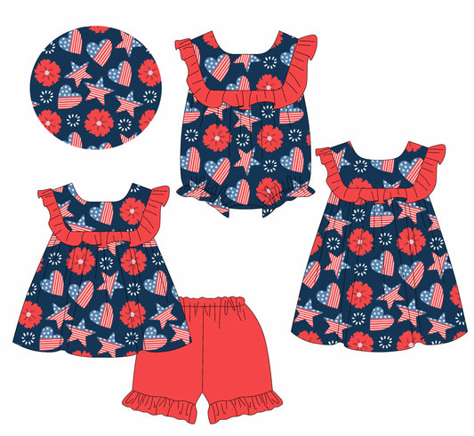 1.17 custom each style moq 5eta 4-6week Sibling Sisters stars baby girl short sleeve shorts sets and dress and rompers match family design