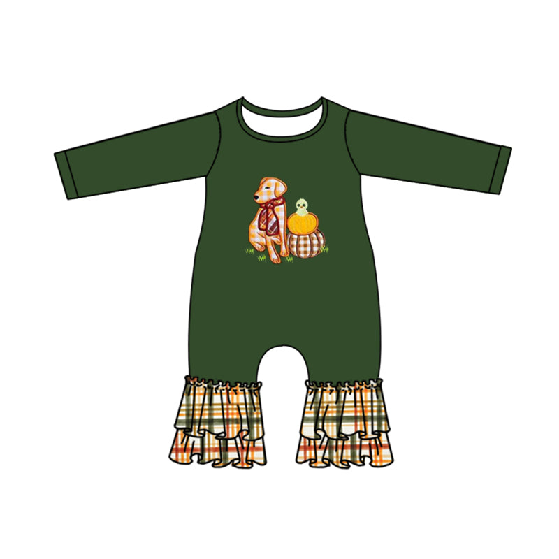 5.7custom each style moq 5eta 4-5week Sibling Sister dog and Pumpkin Chicken prints green girls and boys outfits and baby romper match family design