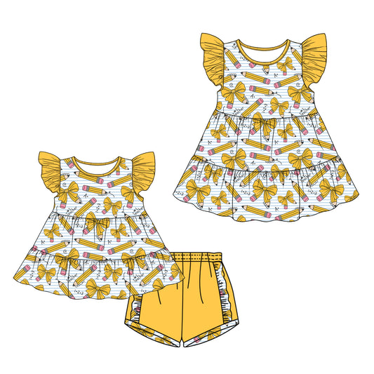 26.1.1 custom each style moq 5 eta 6-8week Sibling Sister bow pencil baby short sleeve shorts sets and dress match design
