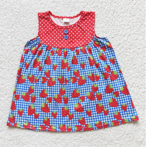 Blue Button Strawberry Sleeveless Dress 蓝扣子草莓无袖裙