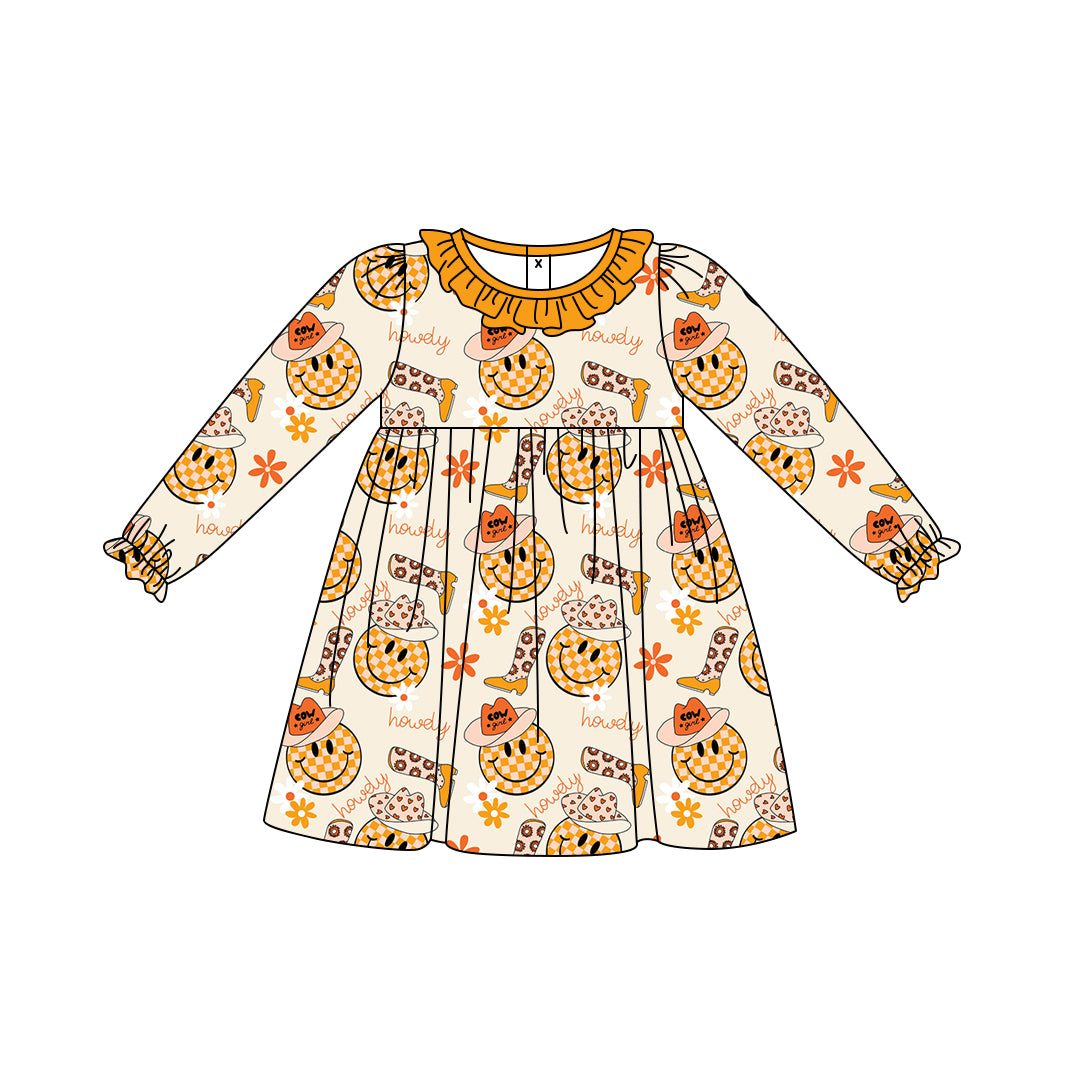 6.17 custom each style moq 5eta 4-6week Sibling Sister smiley orange baby girls sets and dress match family design