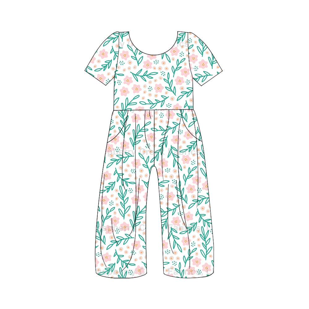 5.1custom each style moq 5eta 4-5week spring willow-leaves peach-blossom prints white jumpsuits