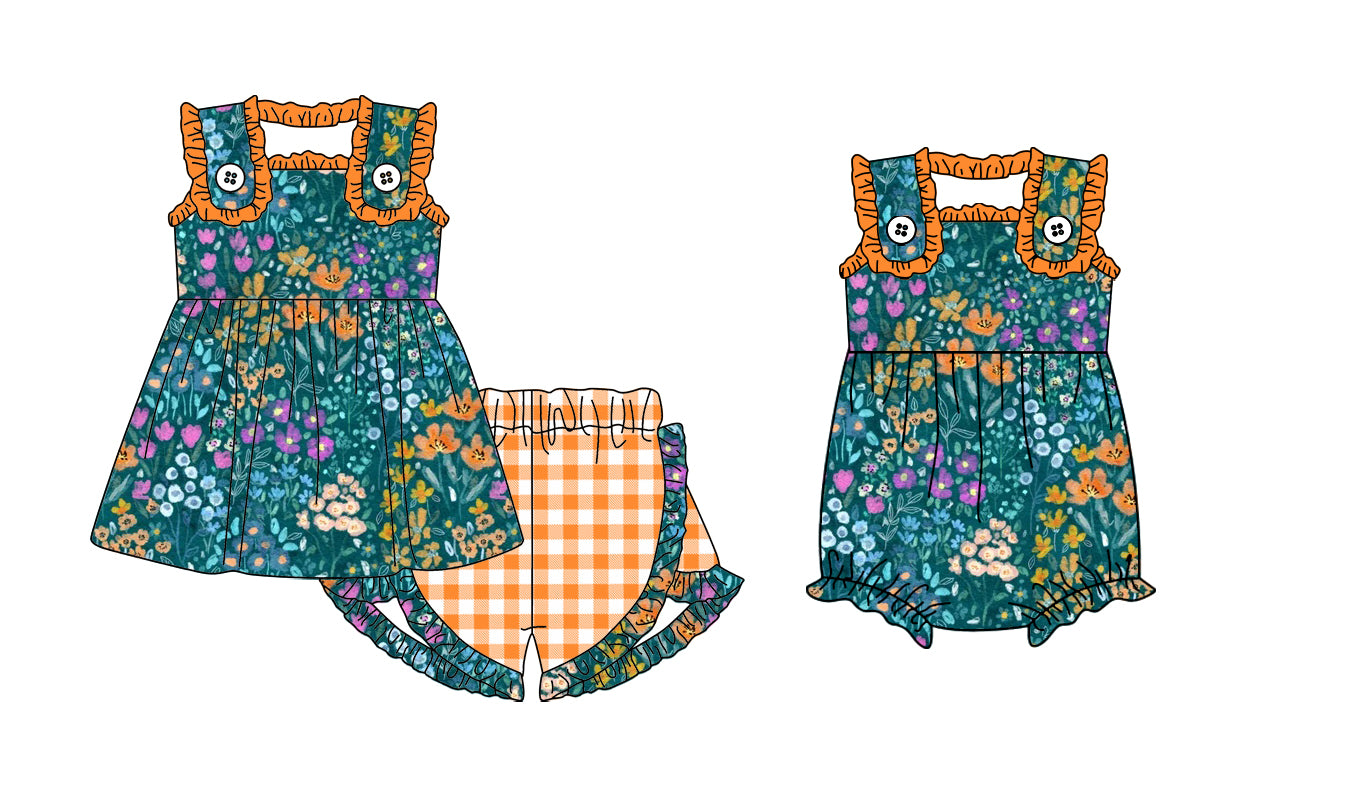 1.23 custom each style moq 5eta 4-6week Sibling Sister floral baby girls short sleeve shorts sets and romper match design