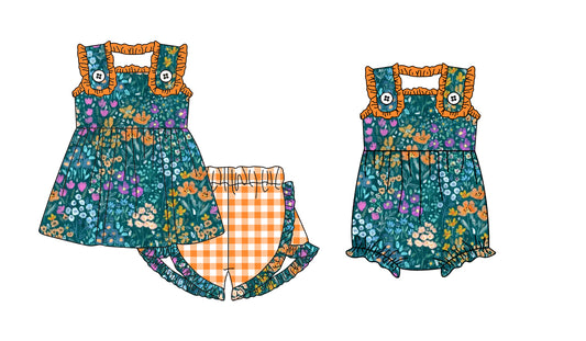 1.23 custom each style moq 5eta 4-6week Sibling Sister floral baby girls short sleeve shorts sets and romper match design