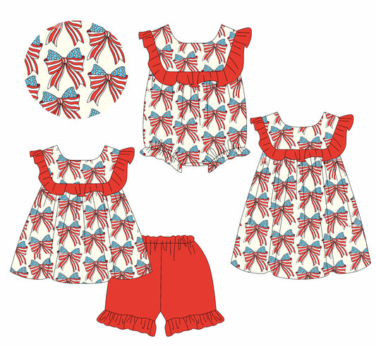 1.11 custom each style moq 5eta 4-6week Sibling Sister bow baby girl short sleeve shorts sets and dress and rompers match family design