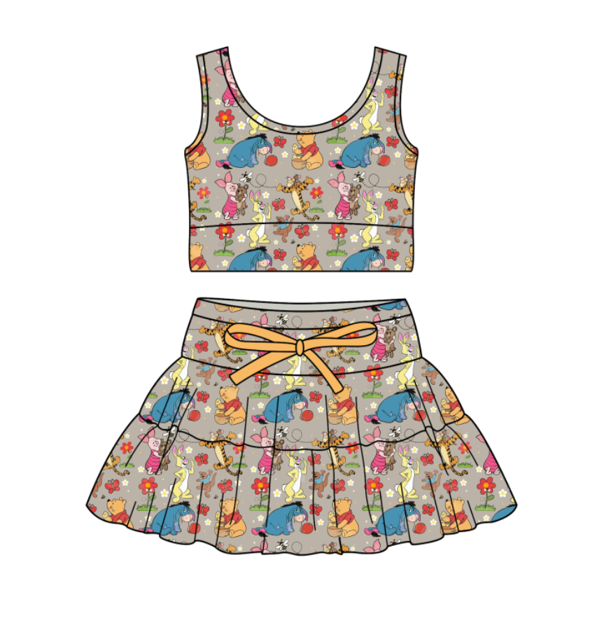 Custom moq 5 mix size milk silk baby girl clothes summer cartoon sleeveless skirts sets