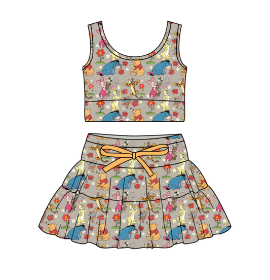 Custom moq 5 mix size milk silk baby girl clothes summer cartoon sleeveless skirts sets