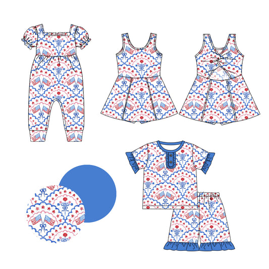 1.4 custom each style moq 5eta 4-6week Sibling Sister flag baby girl short sleeve shorts sets and dress and rompers match family design