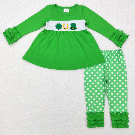 GLP0851 Embroidered four-leaf clover lace green long-sleeved polka dot trousers suit