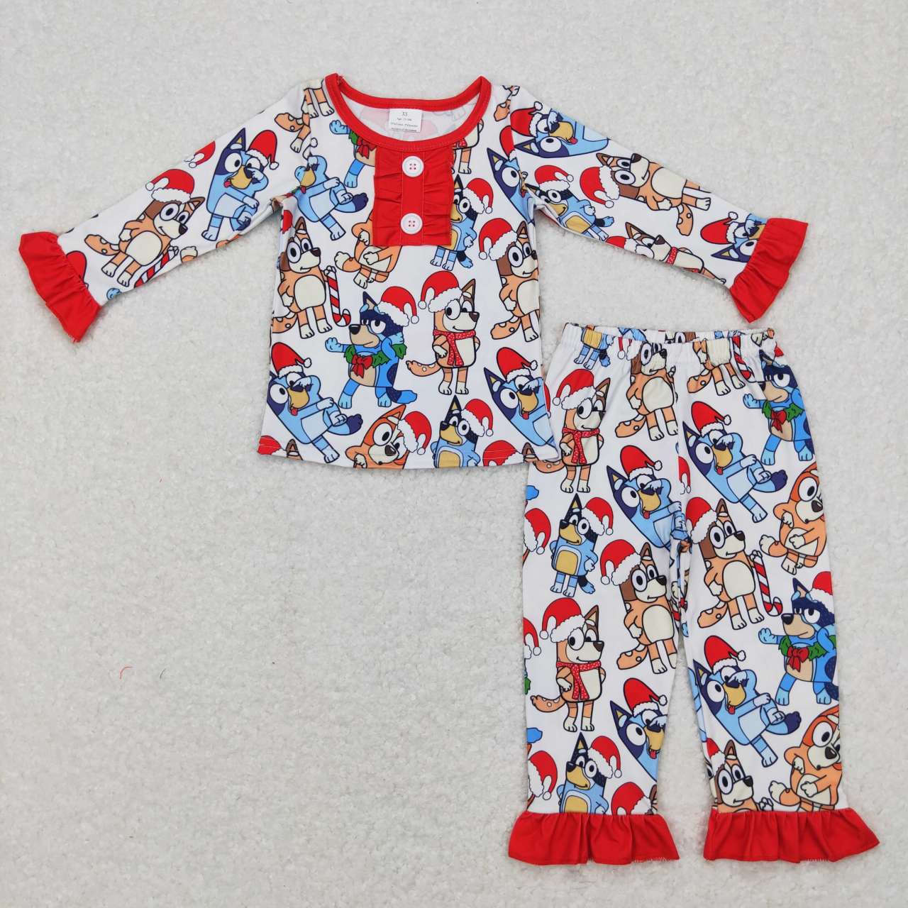 GLP0984 Cartoon Christmas hat bluey lace red and white long-sleeved trousers suit