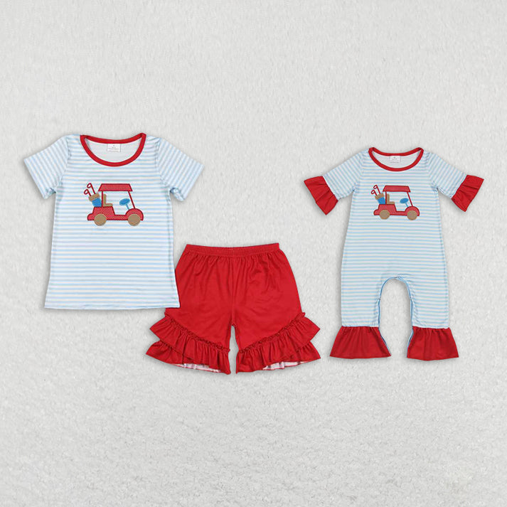 Baby girls car print blue plaid red boys set and baby romper Sibling Sister Clothes Sets