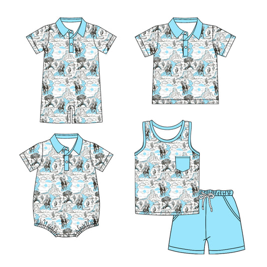 25.12.2 custom each style moq 5 eta 6-8 week Sibling Sister riding horse baby boy short sleeve shorts sets and boy rompers 2 and top match family design