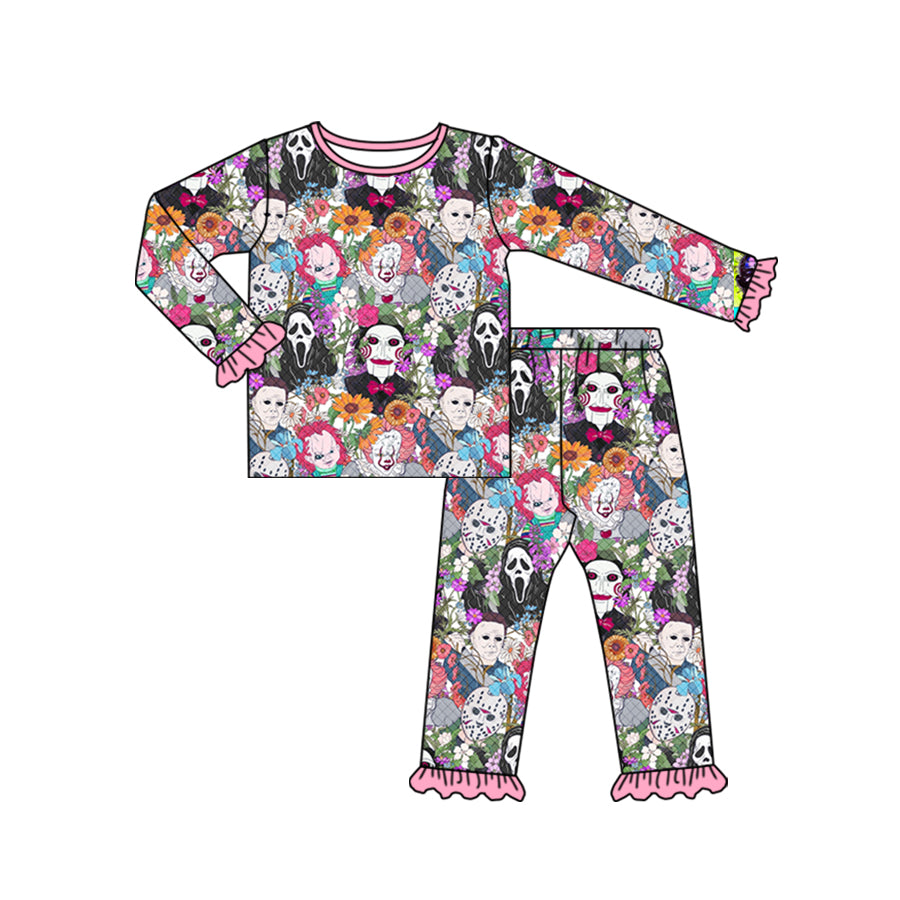 5.2custom each style moq 5eta 4-5week Sibling Sister Halloween cartoon character prints pink girls set and dress and baby romper and backpack match family design