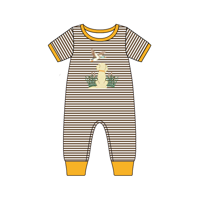 5.1(1)custom each style moq 5eta 4-5week dog and duck prints Brown-white stripes Khaki boys outfits set and baby romper