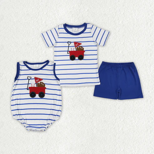 Baby Boys Blue Stripes Baseball Shirts Shorts Rompers Clothes Sets